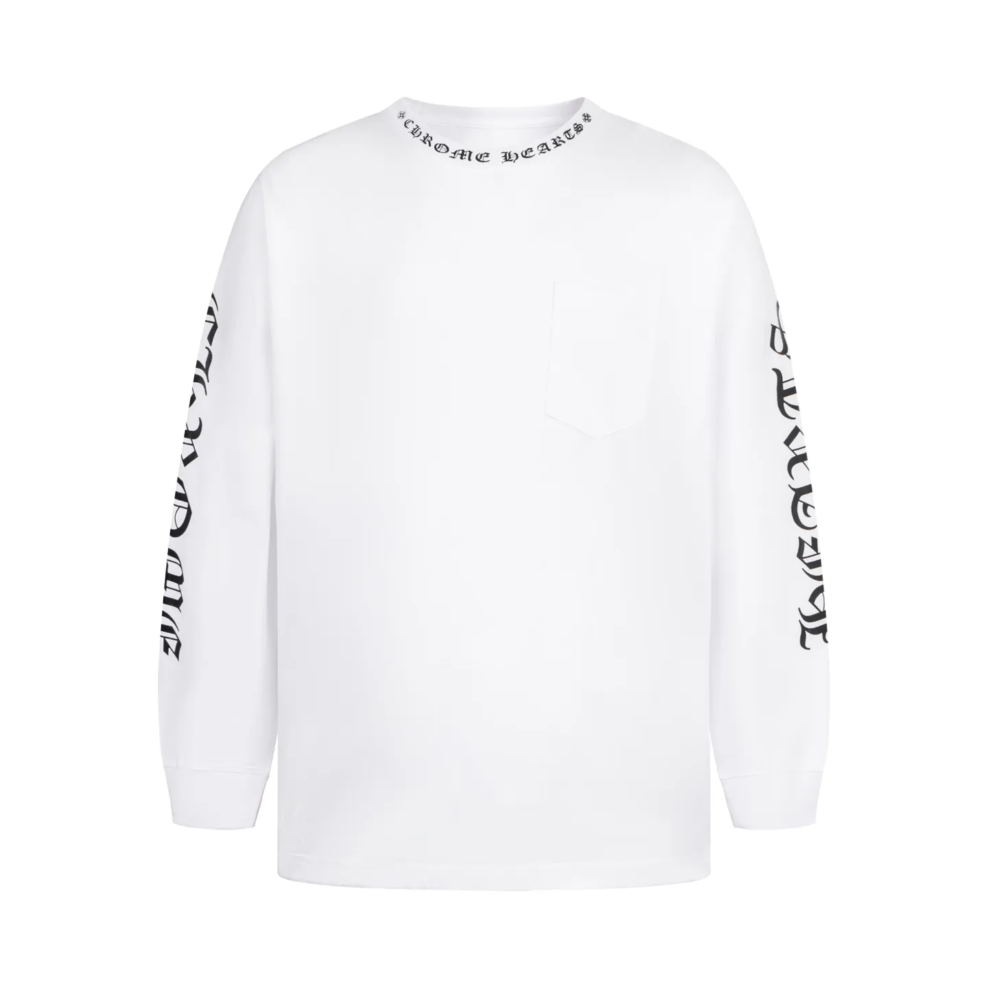 🅿️320 [Exclusive supply] CH Crow Heart Neck Sanskrit Long Sleeve (White) The fabric is lightly brushed cotton 180g fabric. The upper body is super skin-friendly and soft. The original main label wash mark, silver thread anti-counterfeiting laser, purchased the original version to develop 1:1 restoration, glue printing is consistent with the original version. They are all black and cyan (green light), not the ordinary black fake version in the market. The collar thread is also dyed in the same vat. Size:S/M/L